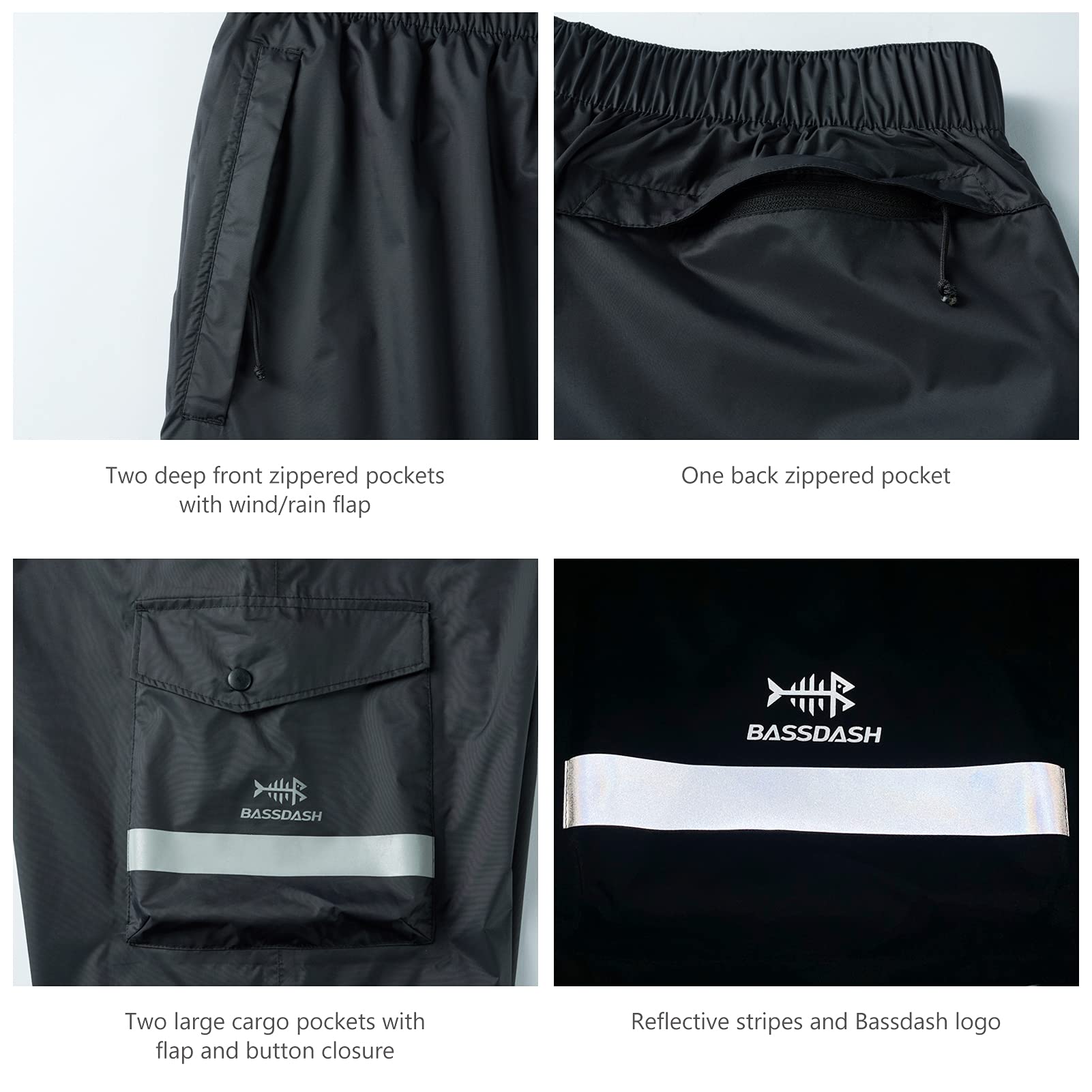BASSDASH Complete men's waterproof rain pant diamond gusset for durable movement and comfort.