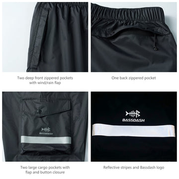 BASSDASH Complete men's waterproof rain pant diamond gusset for durable movement and comfort.