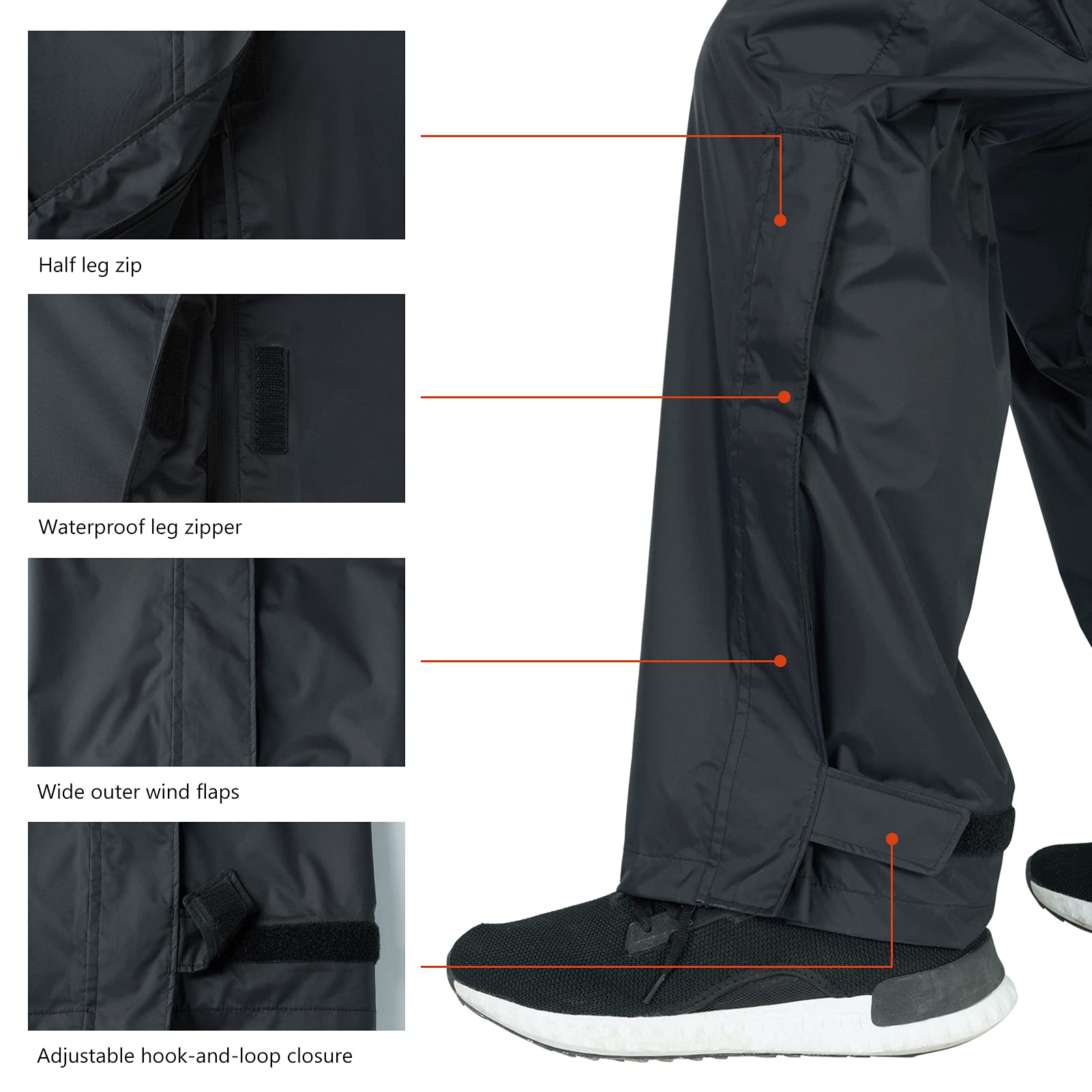 BASSDASH Complete men's waterproof rain pant reflective stripes improve visibility in low light.
