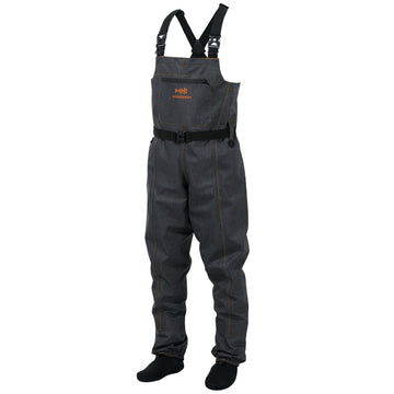 Bassdash denim breathable chest waders front view showing durable 300-denier polyester for rugged fishing and hunting days