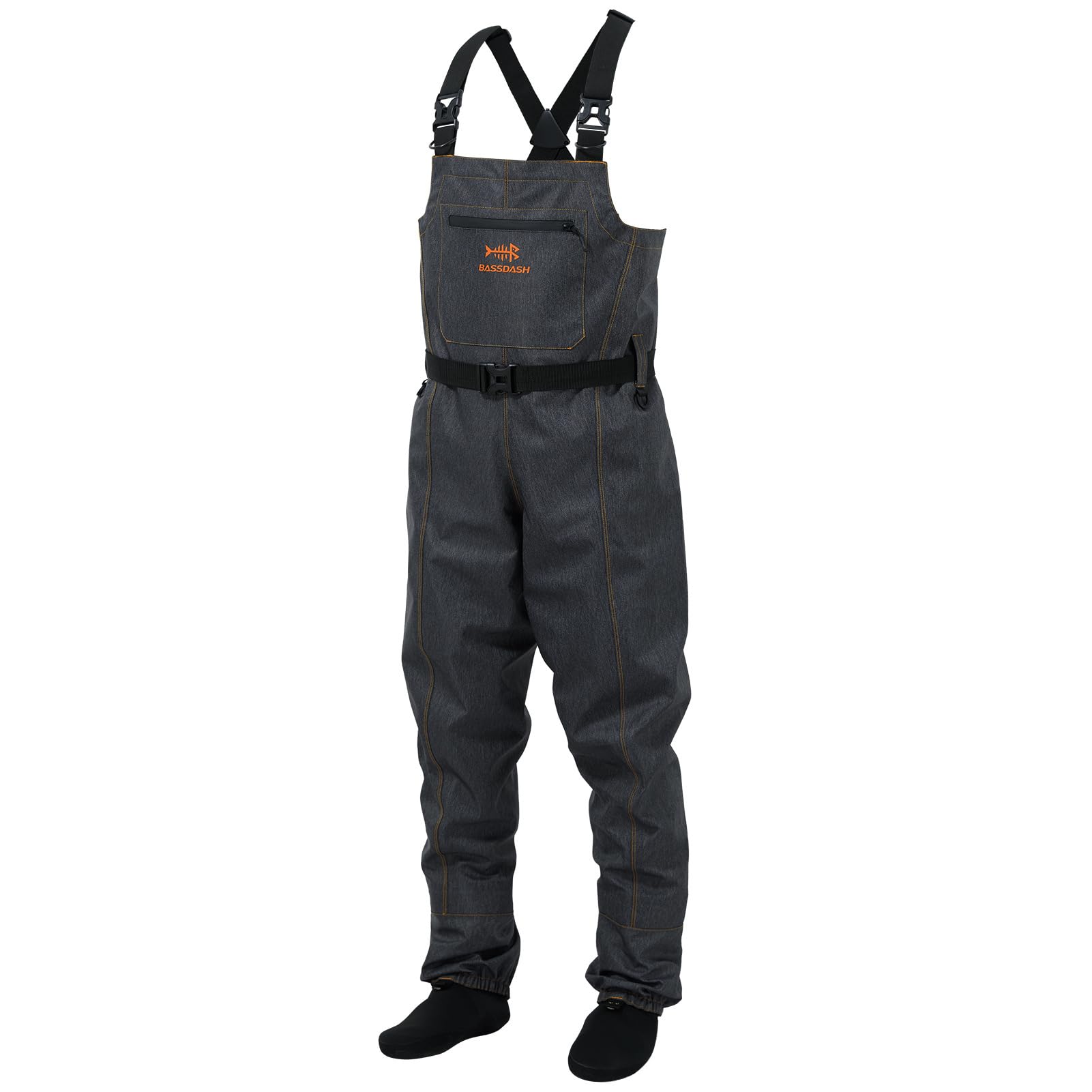 Bassdash Denim Chest Waders front view for fishing and hunting