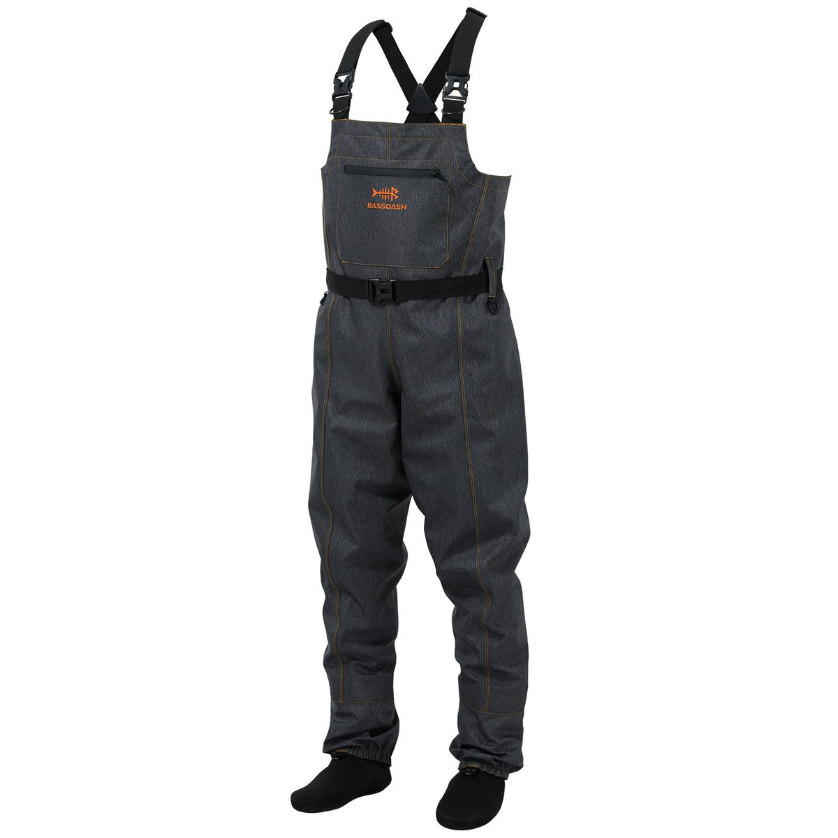 Bassdash Denim Chest Waders front view for fishing and hunting