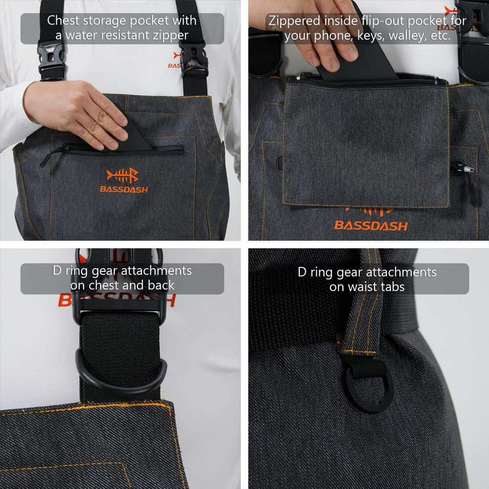Bassdash Denim Waders 3D-cut design enables easy knee bending and movement