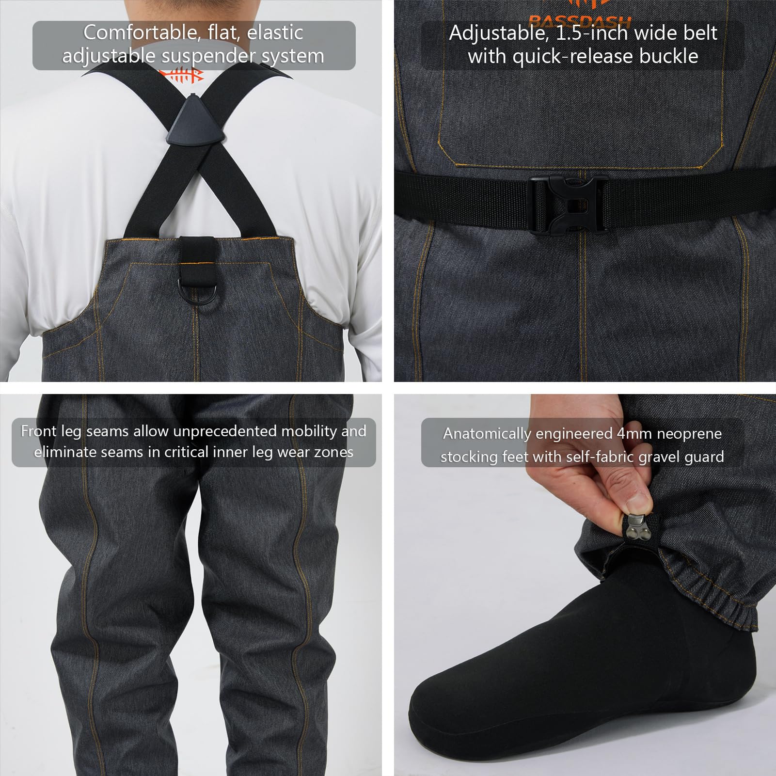 Bassdash Denim Waders include mesh bag and repair kit for maintenance