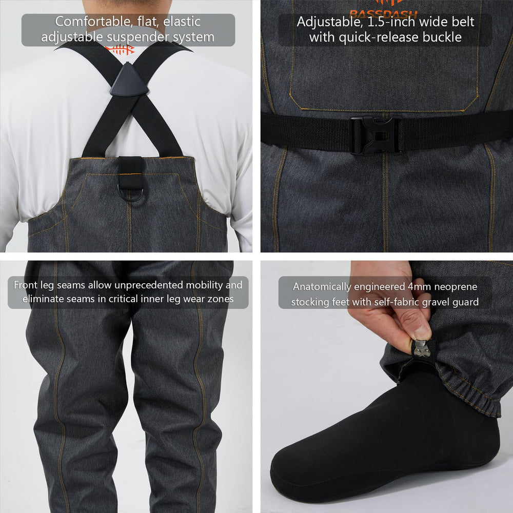 Bassdash Denim Waders include mesh bag and repair kit for maintenance