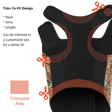 BASSDASH dog camo neoprene vest waterproof outer layer ideal for outdoor hunting days.