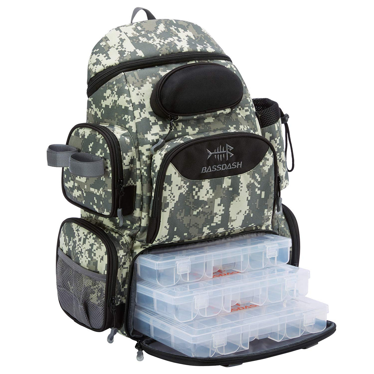 BASSDASH Fishing Tackle Backpack front view for quick access on the water.