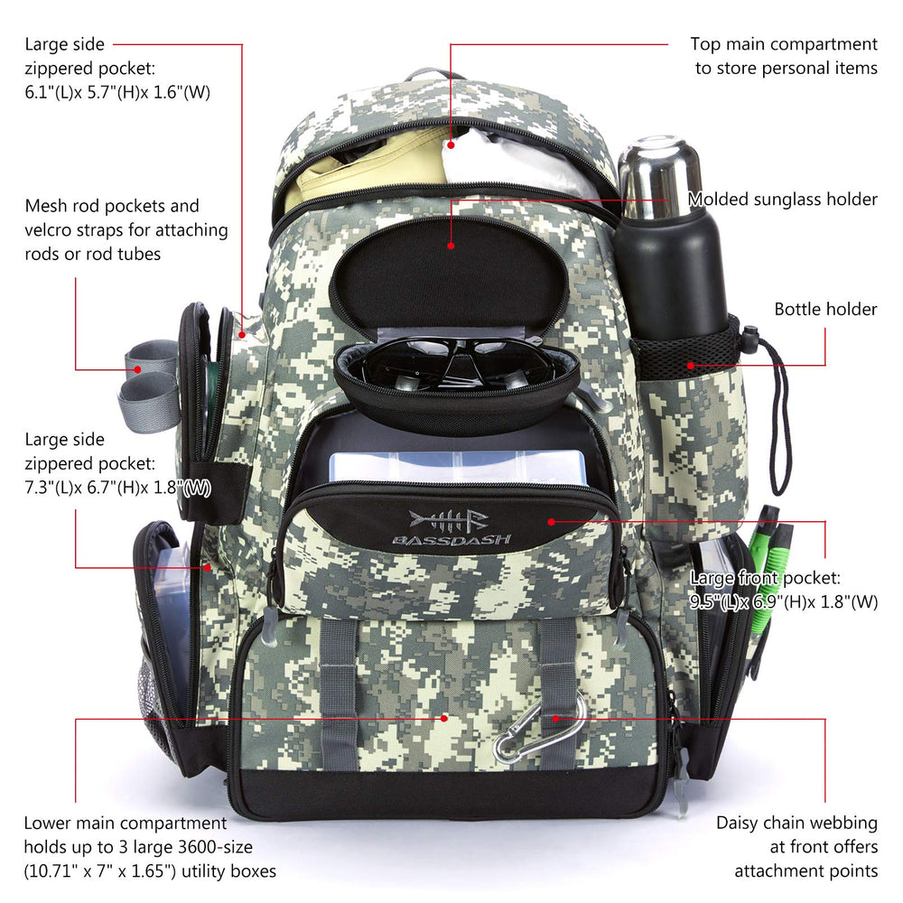 BASSDASH Fishing Tackle Backpack rain cover stowed, protects contents in wet conditions.