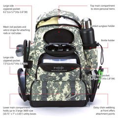 BASSDASH Fishing Tackle Backpack rain cover stowed, protects contents in wet conditions.