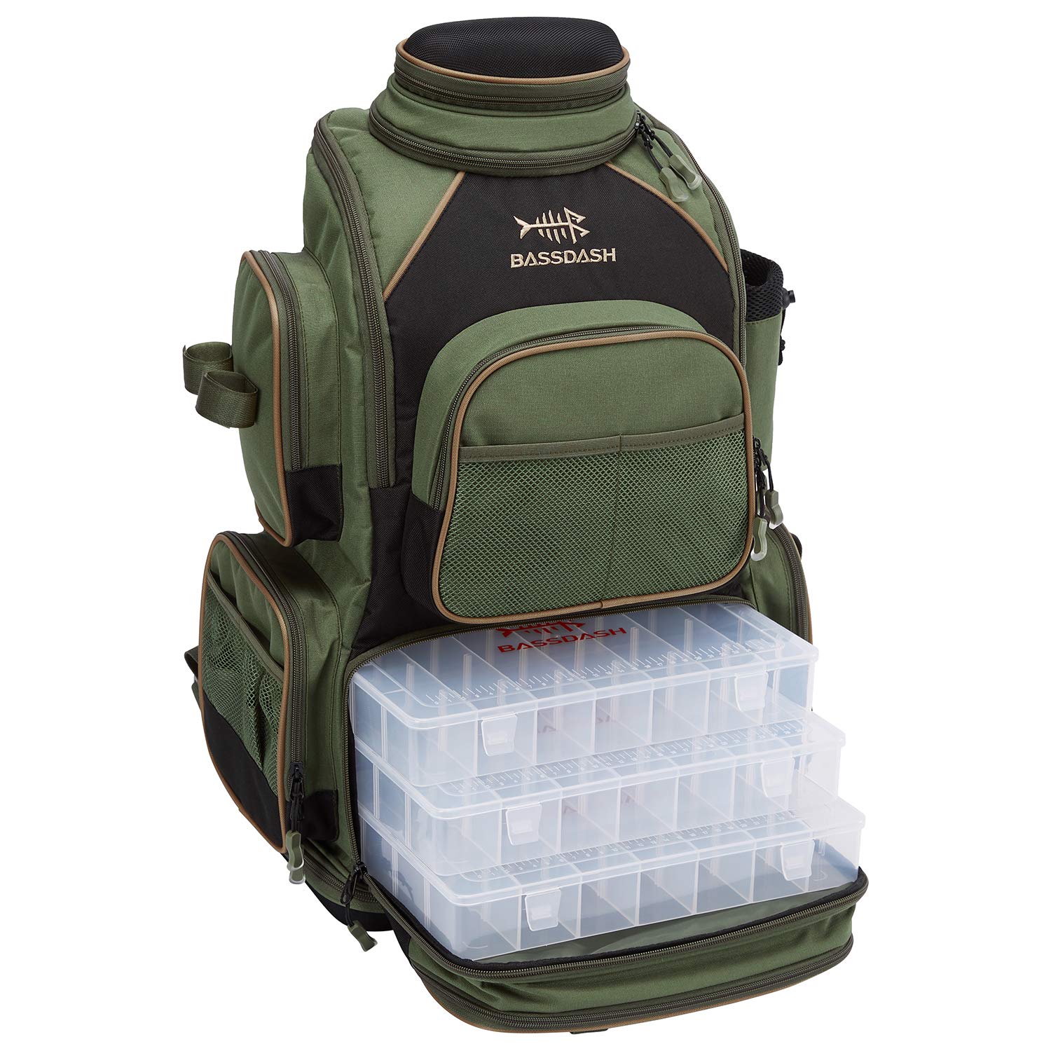 BASSDASH fishing tackle backpack side view highlights roomy compartments for quick gear access.