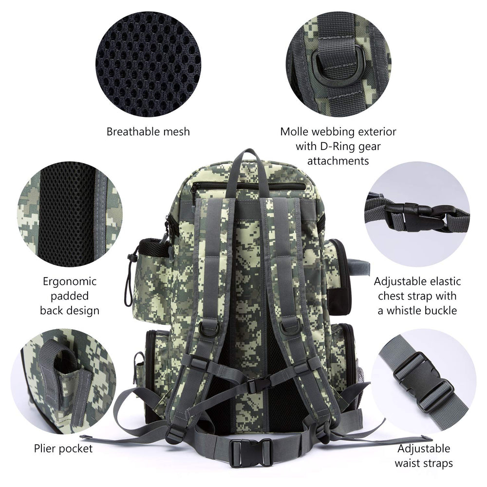 BASSDASH Fishing Tackle Backpack hard sunglasses compartment keeps lenses safe on rough days.