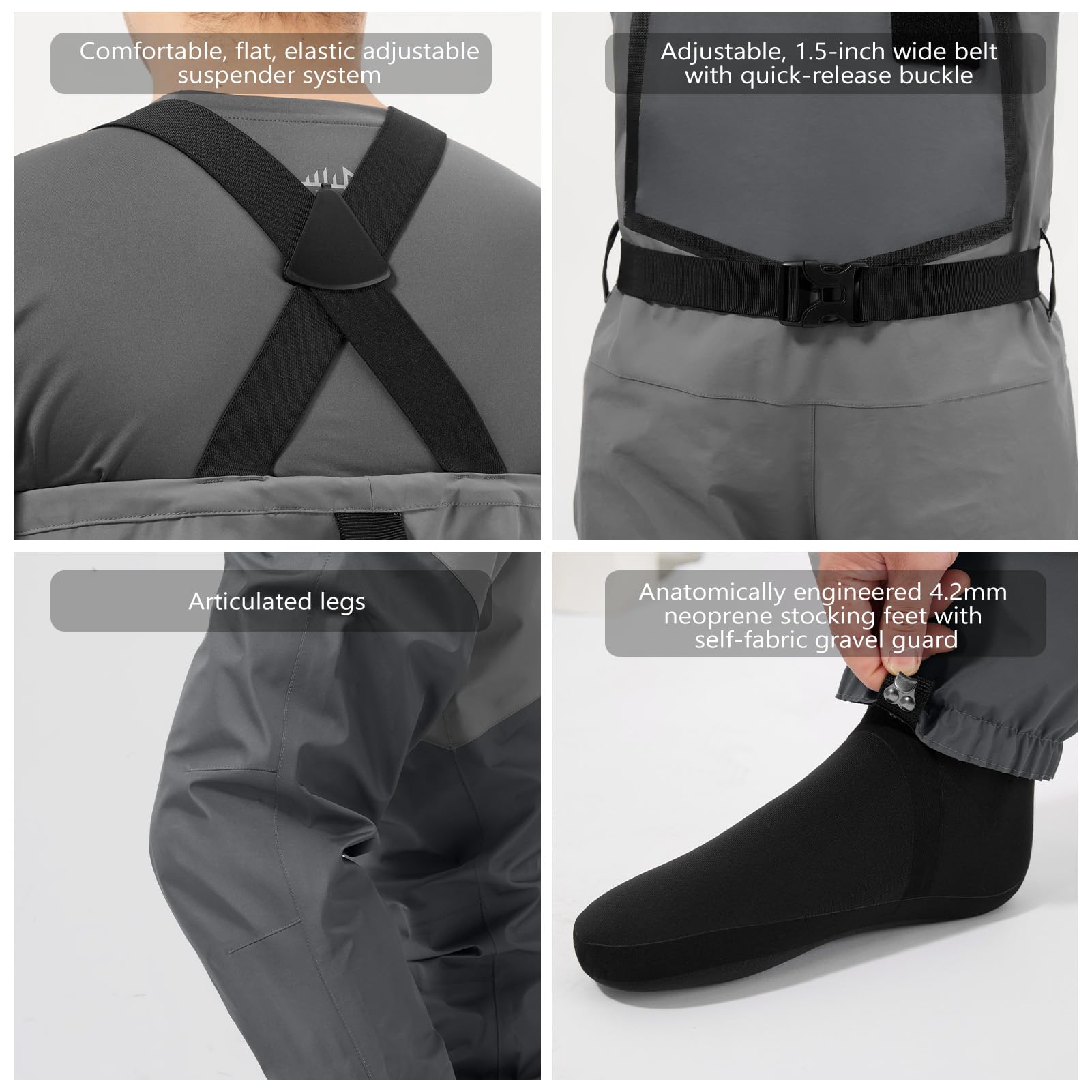 Bassdash Flex men's nylon waders adjustable suspenders and belt for a secure fit.