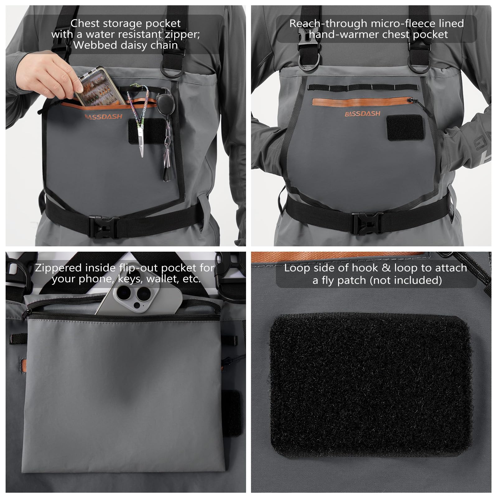 Bassdash Flex men's nylon waders back D-ring for easy net carry.