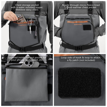 Bassdash Flex men's nylon waders back D-ring for easy net carry.