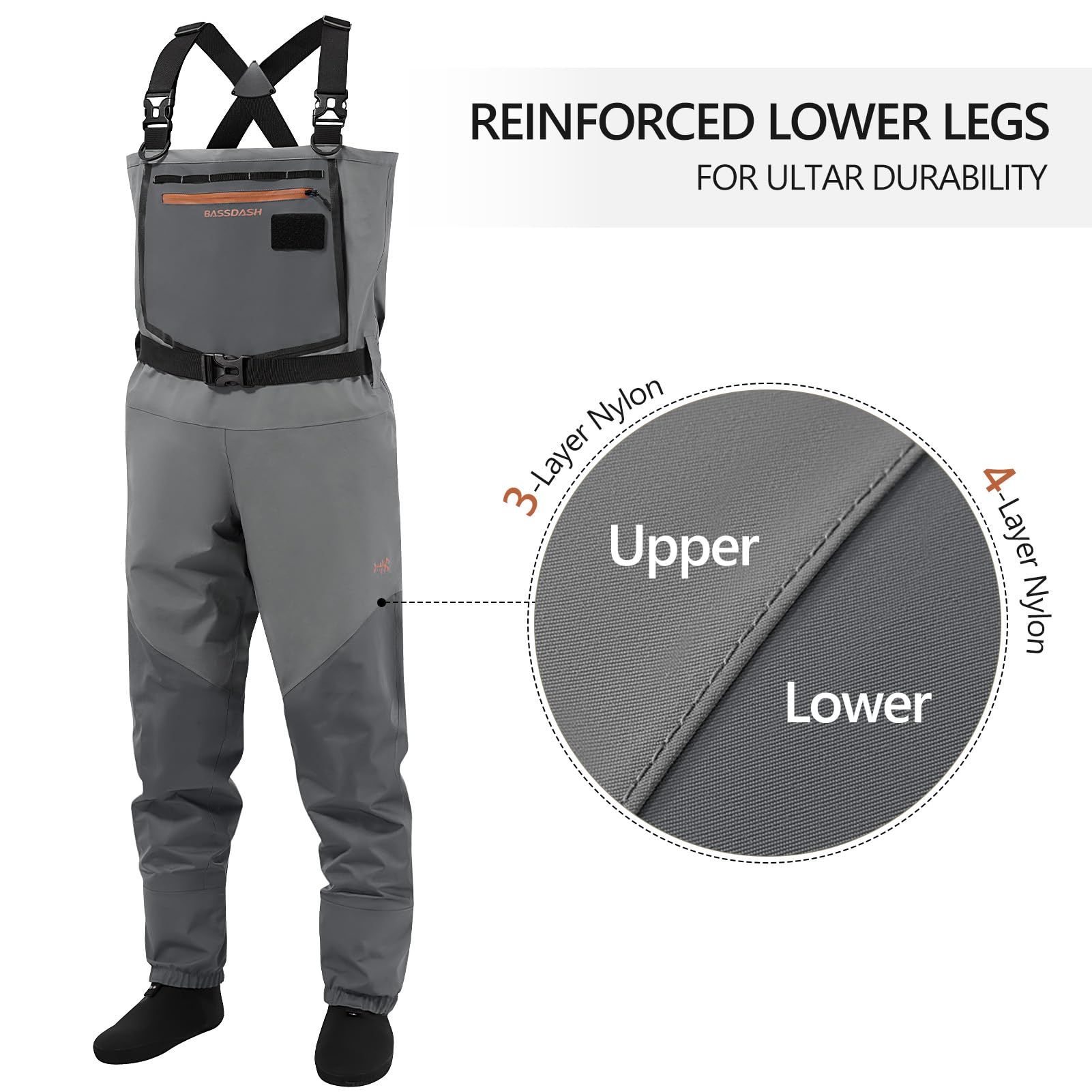 Bassdash Flex men's nylon waders chest pocket with water resistant zipper.