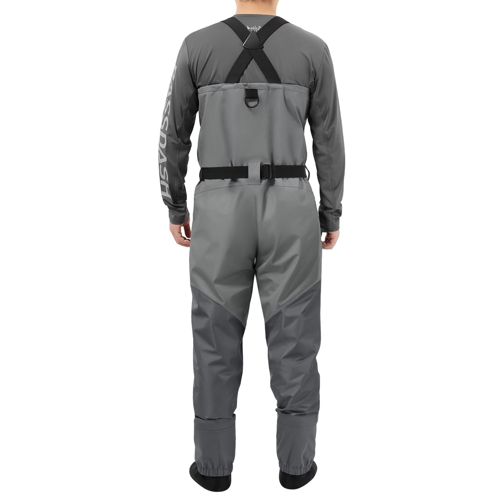 Bassdash Flex men's nylon waders stocking feet close-up showing durable neoprene for frequent use.