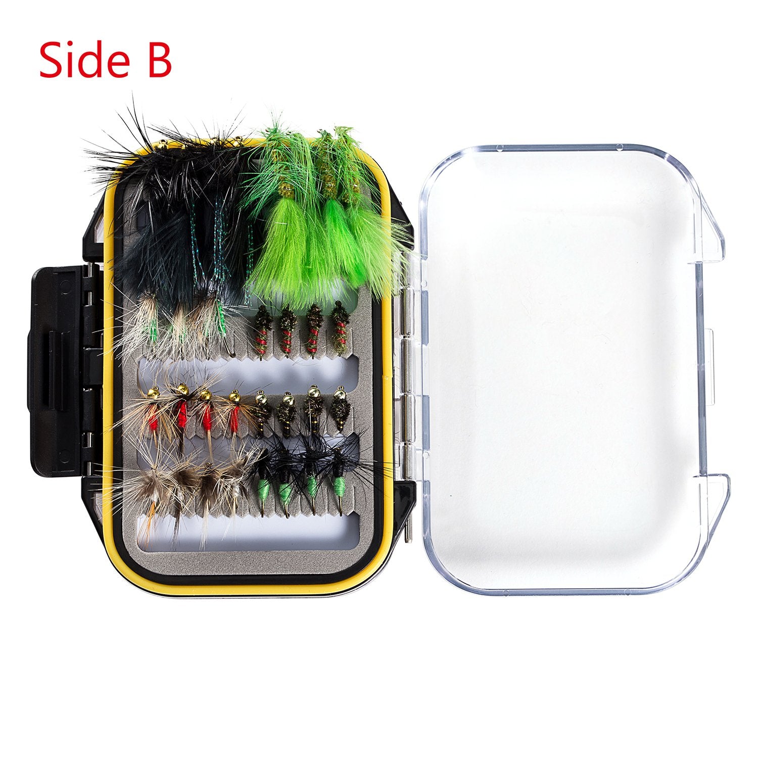 Open box display of assorted flies for trout and bass fishing