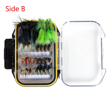 Open box display of assorted flies for trout and bass fishing