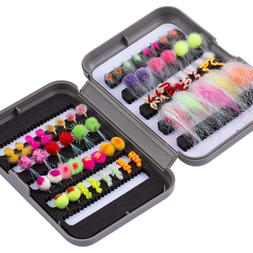 BASSDASH Fly Fishing Flies Kit box with 57 flies and 32 patterns