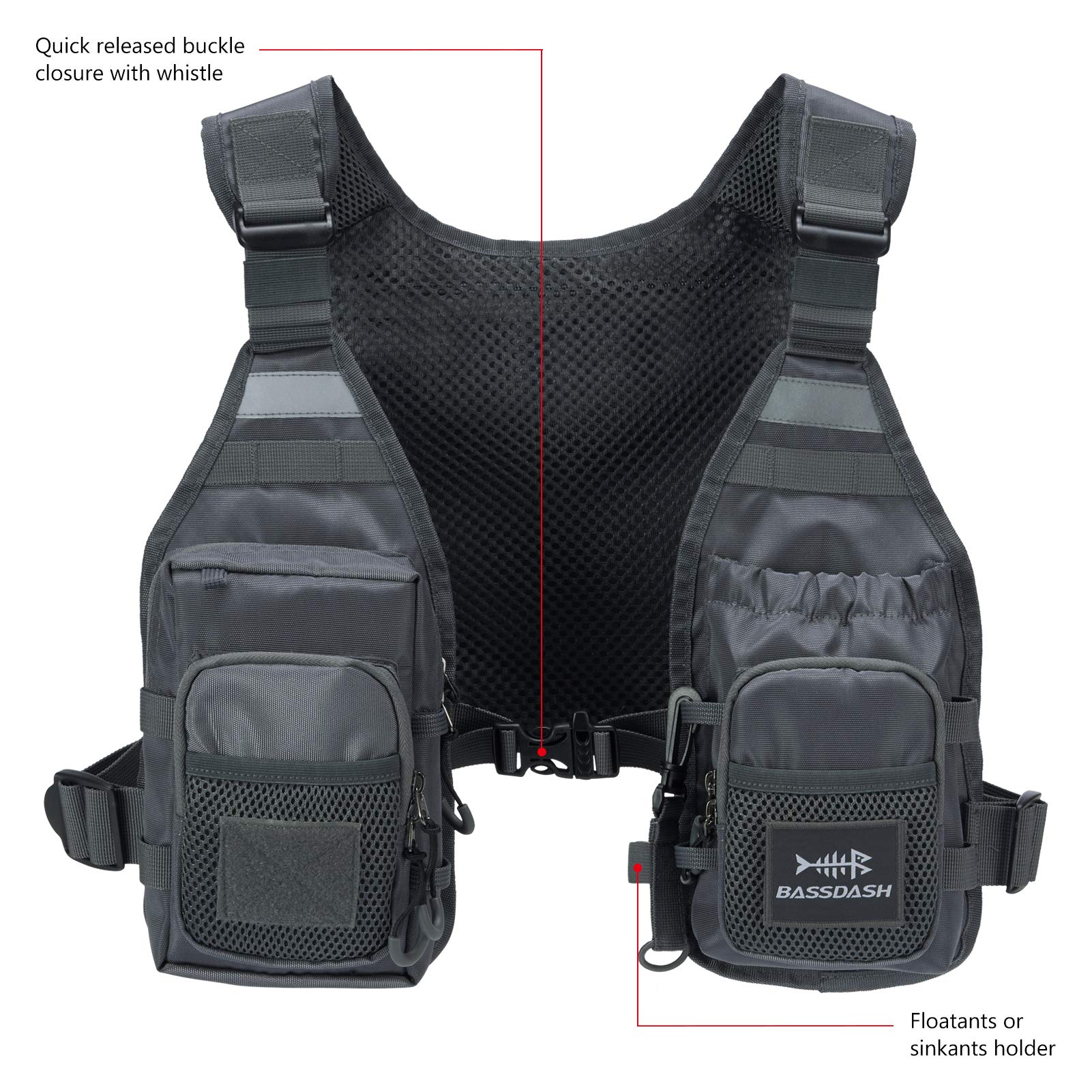 Back view with reflective stripes and D-ring