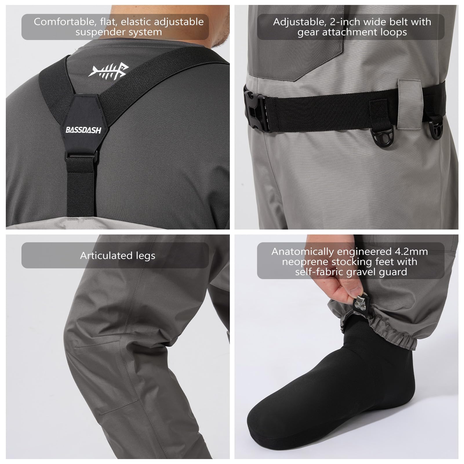 BASSDASH FW08 articulated knee design and 4.2mm neoprene stocking feet for mobility