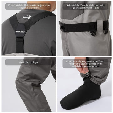 BASSDASH FW08 articulated knee design and 4.2mm neoprene stocking feet for mobility