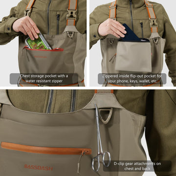 Bassdash Immerse tan waders three-dimensional cut enables easy knee bending.