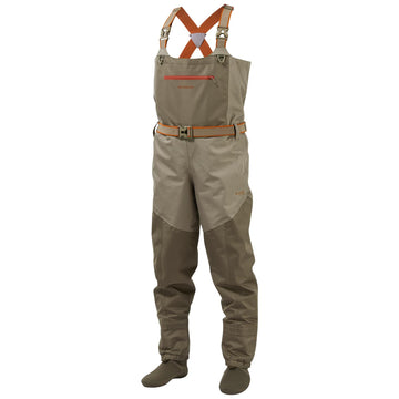 Bassdash Immerse Tan waders, front view, showcasing waterproof chest pocket for quick access.