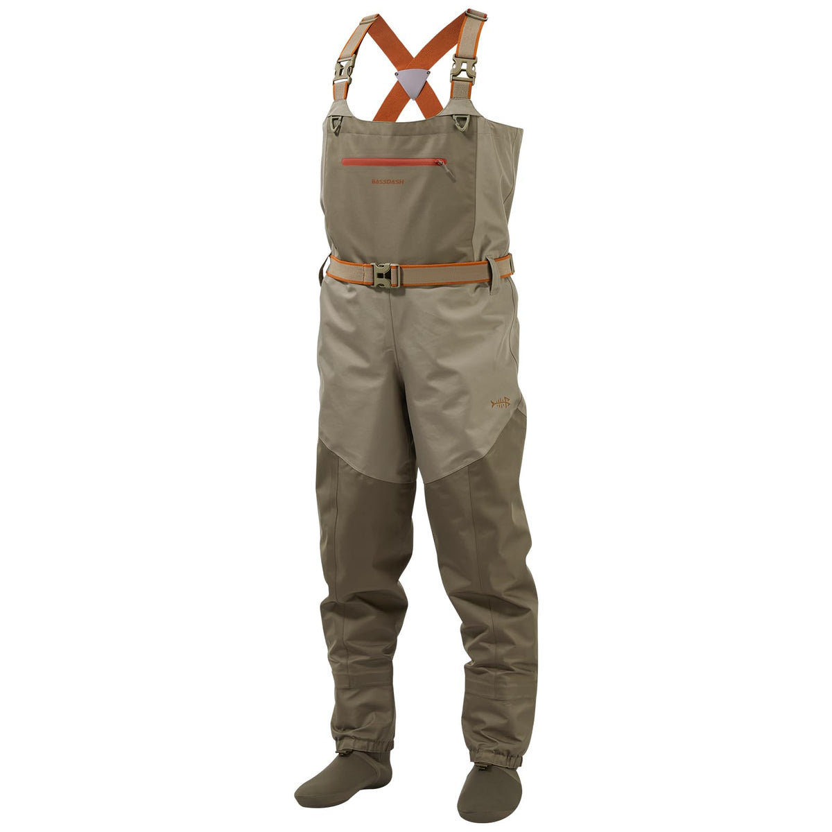 Bassdash Immerse Tan waders, front view, showcasing waterproof chest pocket for quick access.