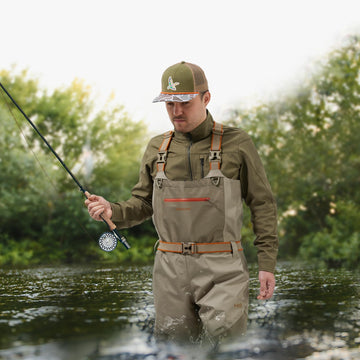 Bassdash Immerse Tan waders mesh bag and repair kit included for field maintenance.