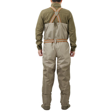 Bassdash Immerse Tan waders, side view, highlighting breathable, lightweight design for all-day wear.