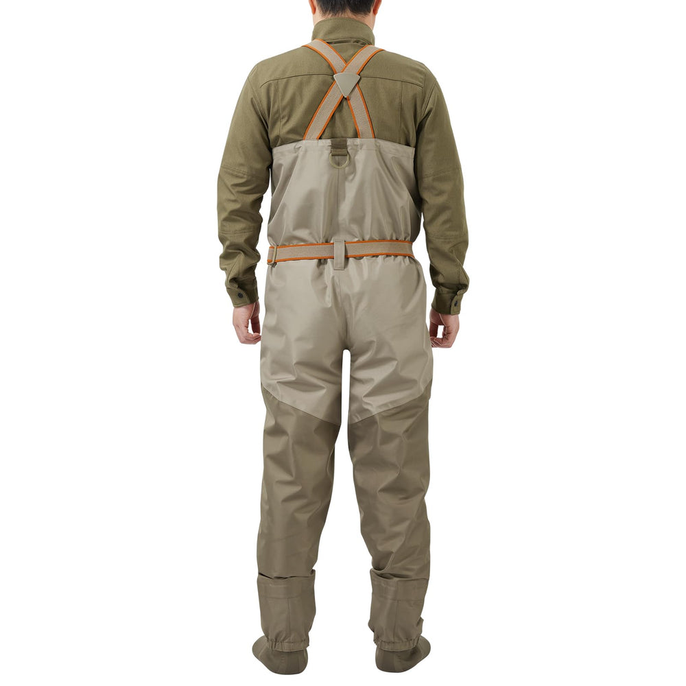 Bassdash Immerse Tan waders, side view, highlighting breathable, lightweight design for all-day wear.