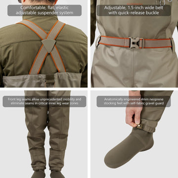 Bassdash Immerse Tan waders stocking-foot close-up showcasing durable neoprene for longevity.