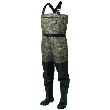 BASSDASH IMMERSE waders full view in grey camo for river fishing protection.