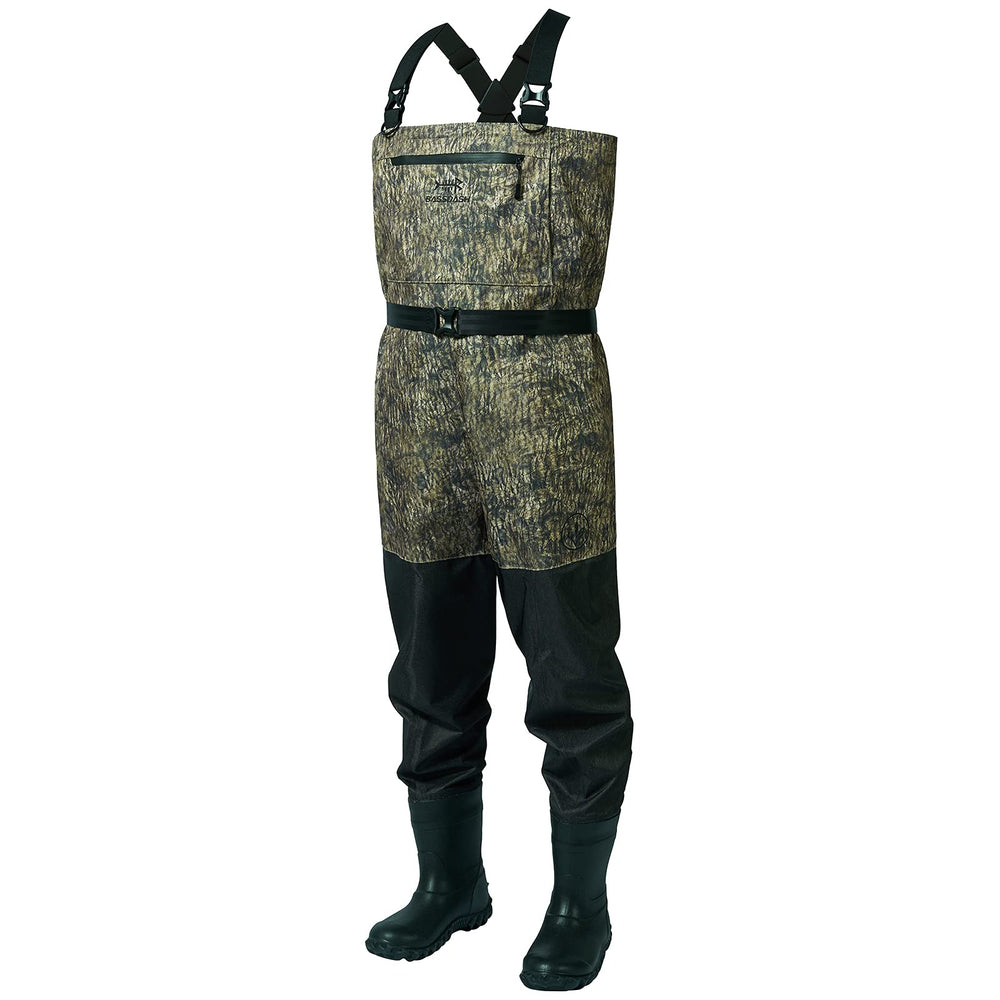 BASSDASH IMMERSE waders full view in grey camo for river fishing protection.
