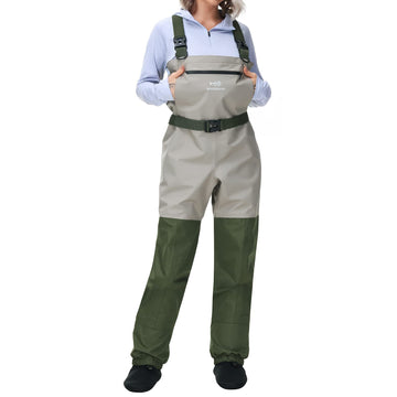 BASSDASH IMMERSE waders front view showing feminine fit and mobility.