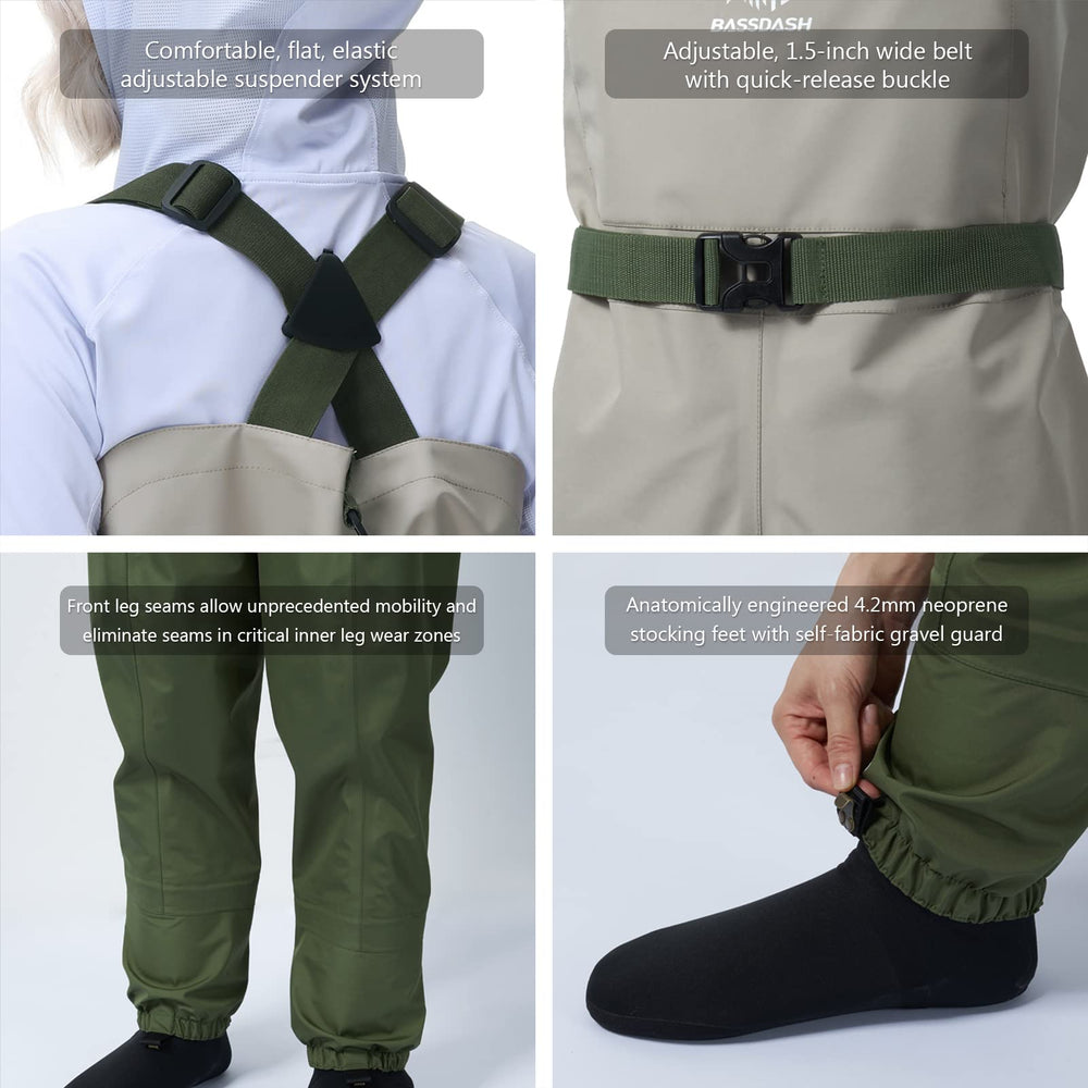 BASSDASH IMMERSE waders neoprene stocking feet offer durability and comfort.