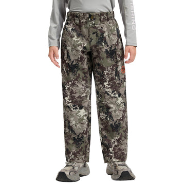 BASSDASH Invis Kids pants front view showcasing water-resistant camouflage for outdoor adventures.