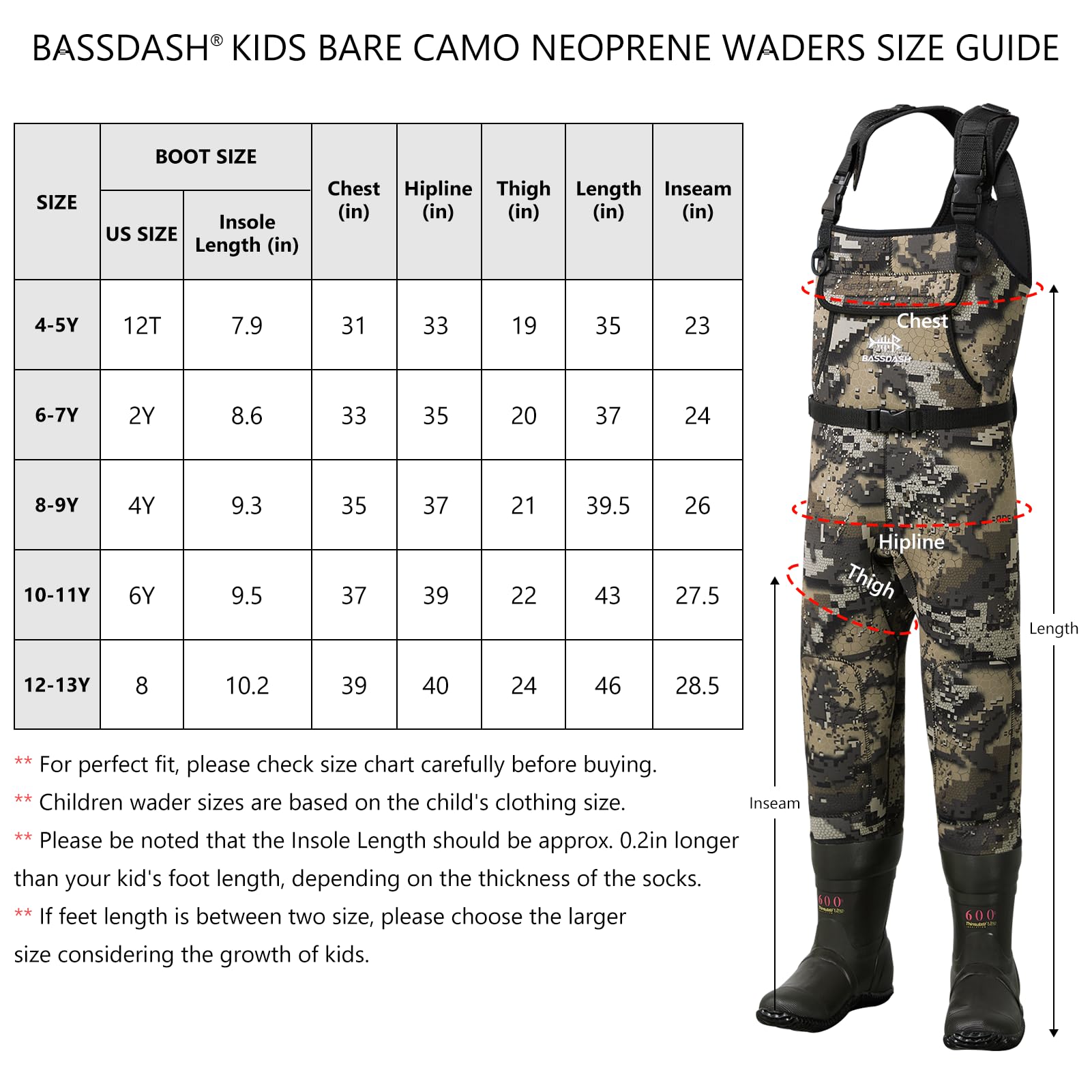 Bassdash Kids Neoprene Chest Waders Bare Camo boot foot with insulation for warmth.