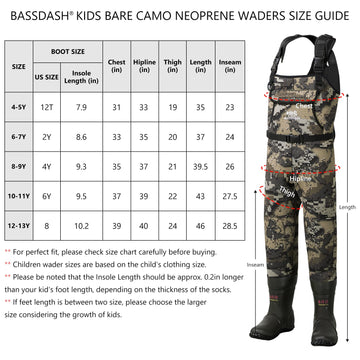 Bassdash Kids Neoprene Chest Waders Bare Camo boot foot with insulation for warmth.