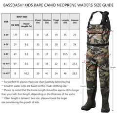 Bassdash Kids Neoprene Chest Waders Bare Camo boot foot with insulation for warmth.