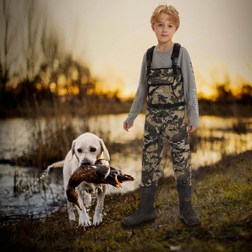 Bassdash Kids Neoprene Chest Waders Bare Camo boot-tread traction for snow and mud.