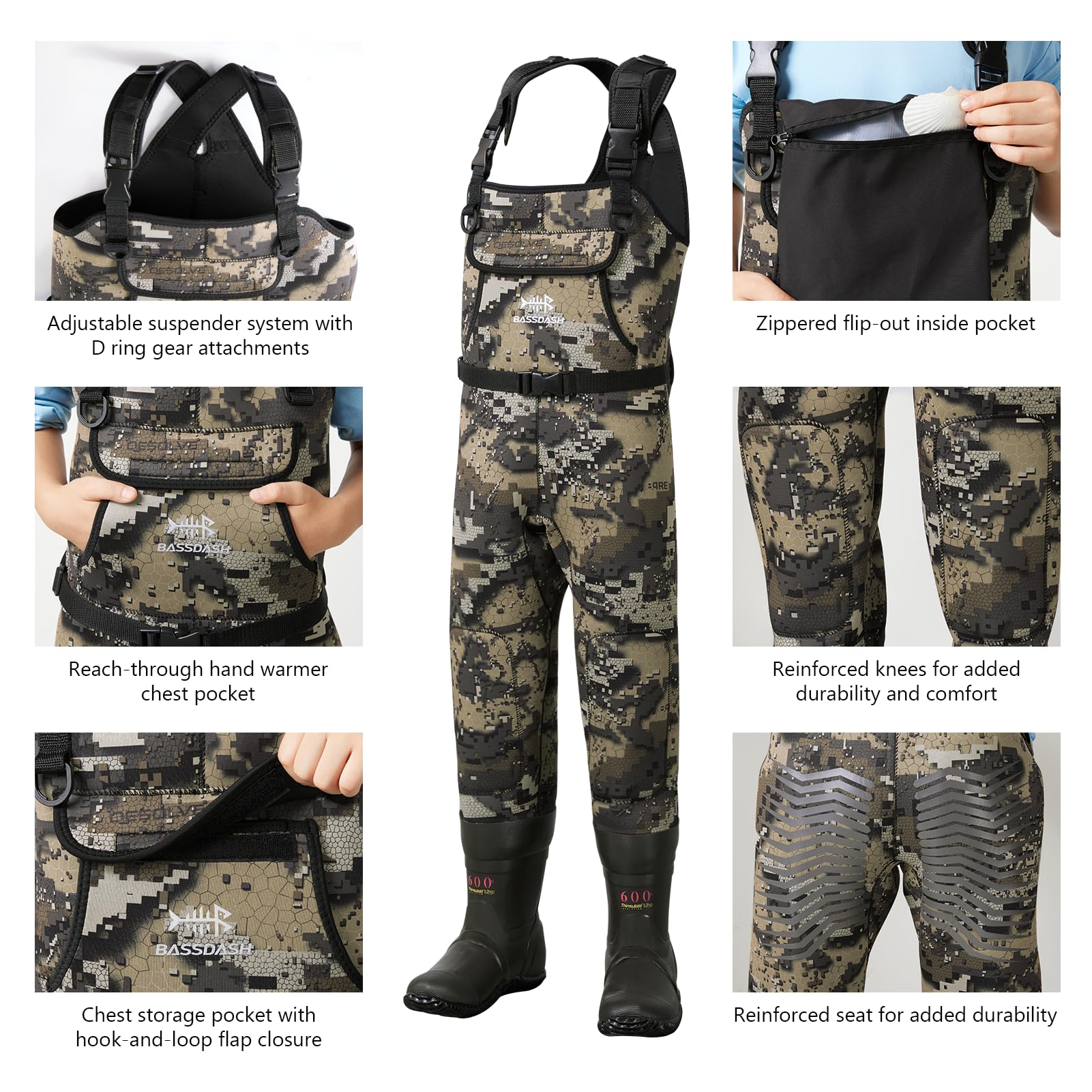 Bassdash Kids Neoprene Chest Waders Bare Camo D-rings close-up for gear attachments.