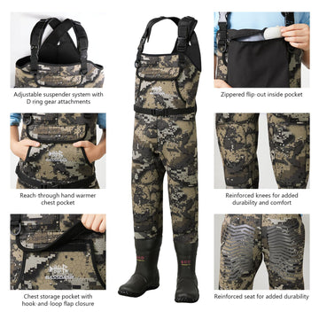 Bassdash Kids Neoprene Chest Waders Bare Camo D-rings close-up for gear attachments.