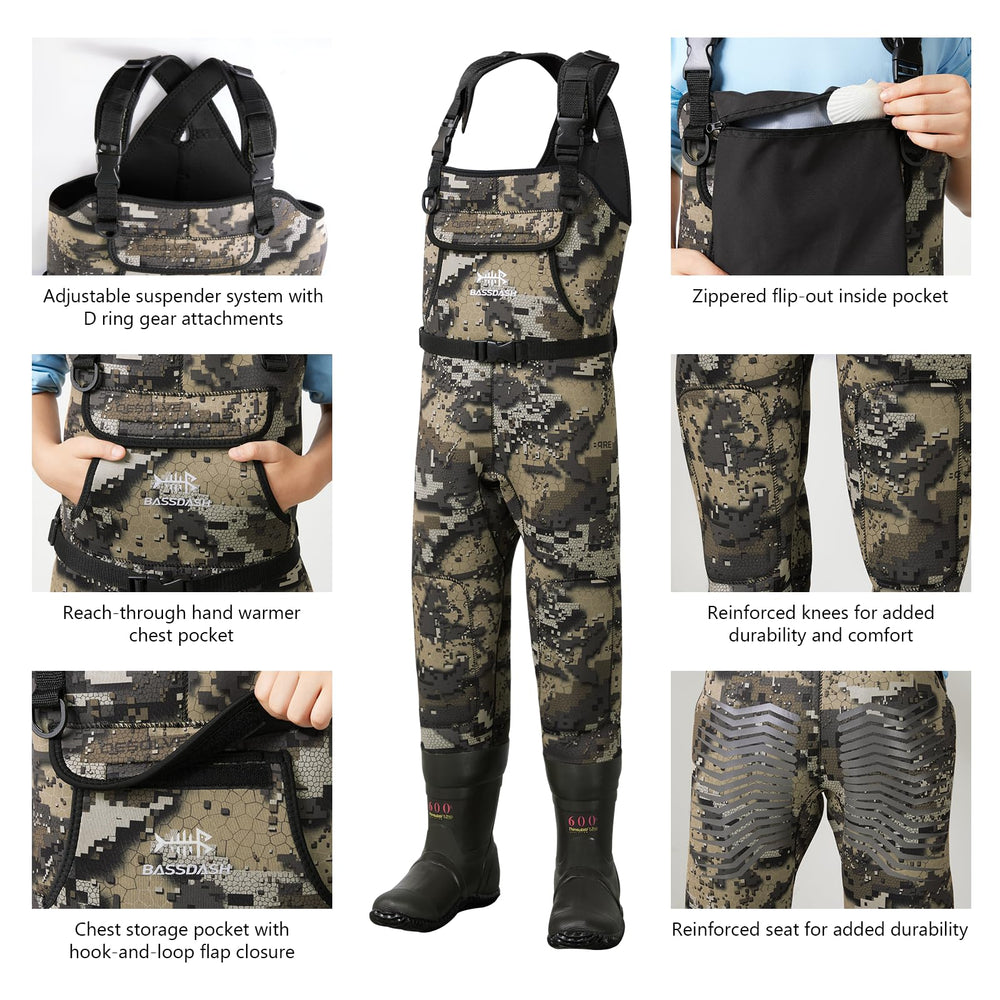 Bassdash Kids Neoprene Chest Waders Bare Camo D-rings close-up for gear attachments.
