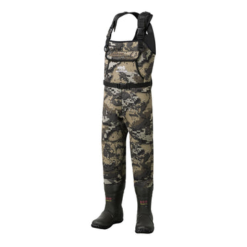 Bassdash Kids Neoprene Chest Waders Bare Camo front view for dry, warm fishing adventures.