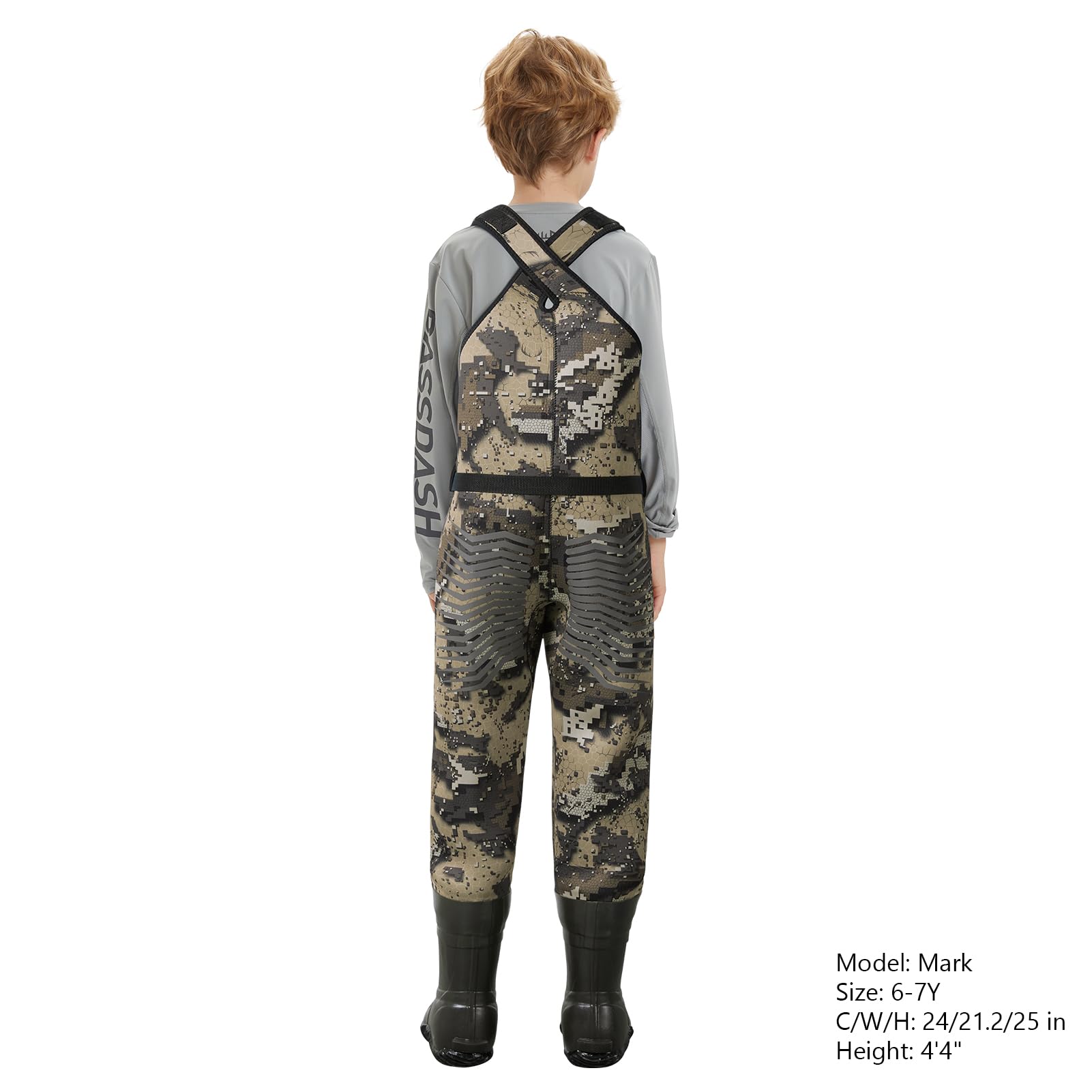 Bassdash Kids Neoprene Chest Waders Bare Camo side view showing reinforced toes for durability.