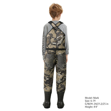 Bassdash Kids Neoprene Chest Waders Bare Camo side view showing reinforced toes for durability.