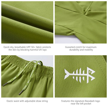 BASSDASH shorts displaying two deep front pockets and a zipper back pocket.