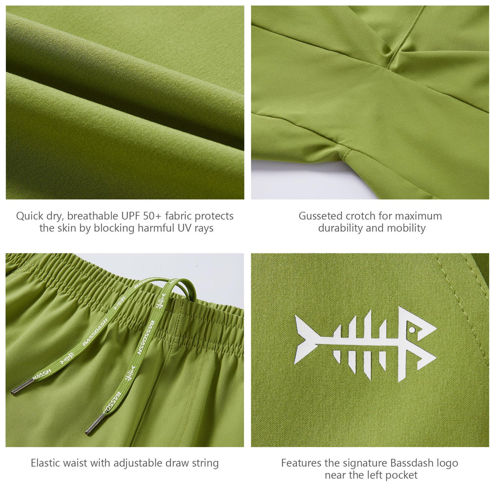 BASSDASH shorts displaying two deep front pockets and a zipper back pocket.